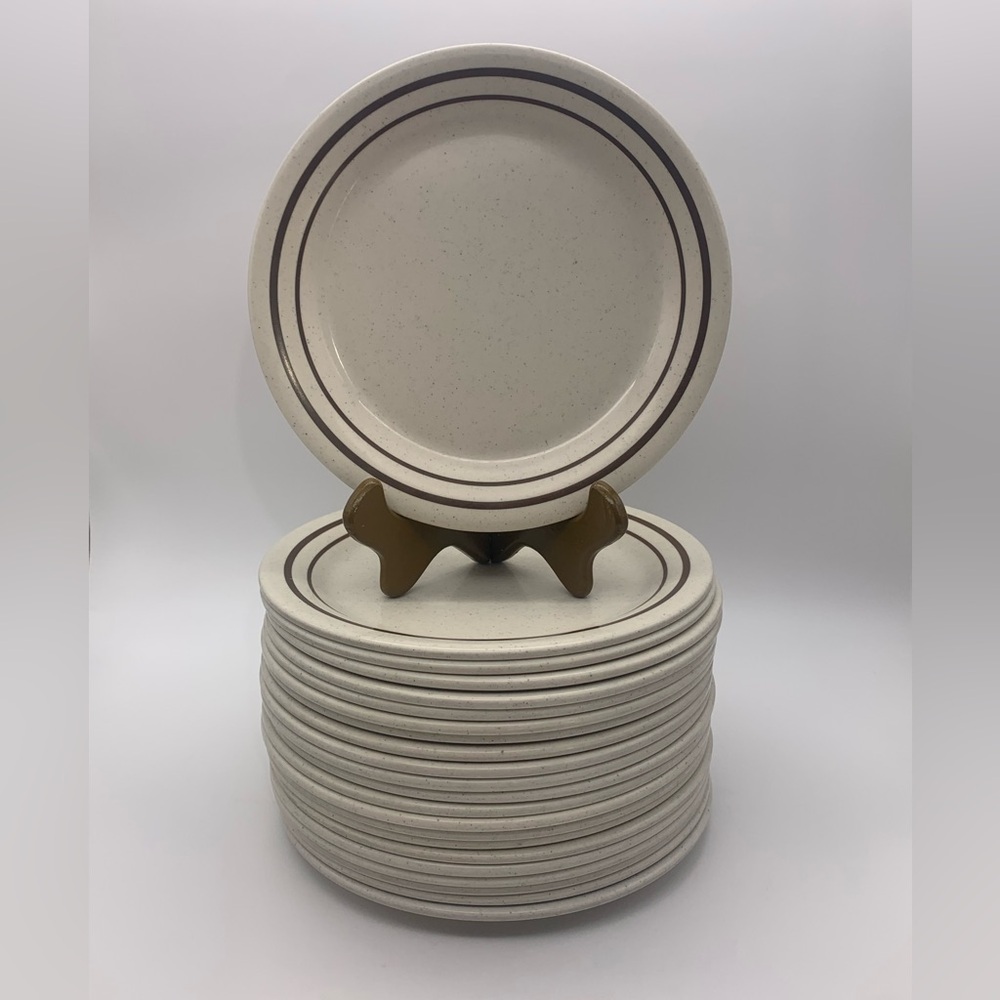 Set Of 20 G.E.T. Melamine Vintage Plates 9” #BF-090-A Beige Brown Strips Speckle